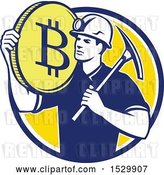 Vector Clip Art of Retro Crytocurrency Miner with a Bitcoin on His Shoulder and a Pickaxe by Patrimonio