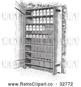 Vector Clip Art of Retro Cupboard Shelves with Canned Goods in Black and White by Picsburg