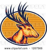 Vector Clip Art of Retro Deer Stag Head over an Oval of Diamonds by Patrimonio
