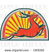 Vector Clip Art of Retro Deer Stag Leaping over an Arch of Rays by Patrimonio