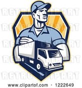 Vector Clip Art of Retro Delivery Guy and a Truck over a Shield of Rays by Patrimonio