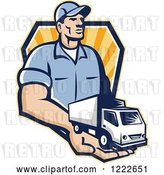 Vector Clip Art of Retro Delivery Guy Holding a Truck in His Hand over a Shield of Rays by Patrimonio