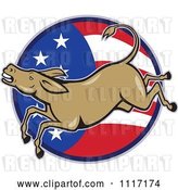 Vector Clip Art of Retro Democratic Party Donkey Bucking over an American Flag Circle by Patrimonio