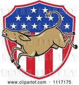 Vector Clip Art of Retro Democratic Party Donkey Bucking over an American Flag Shield by Patrimonio
