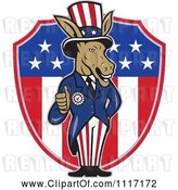 Vector Clip Art of Retro Democratic Party Donkey Uncle Sam Holding a Thumb up over an American Shield by Patrimonio