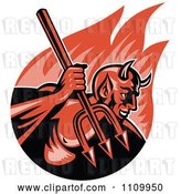 Vector Clip Art of Retro Demon Devil Holding up a Trident over Flames by Patrimonio