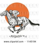 Vector Clip Art of Retro Derby Horse Race Jockey over an Orange Circle by Patrimonio