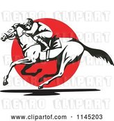 Vector Clip Art of Retro Derby Jockey Racing a Horse over a Red Circle by Patrimonio