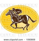Vector Clip Art of Retro Derby Jockey Racing a Horse over Yellow Rays by Patrimonio