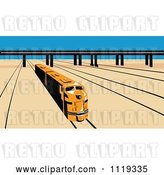 Vector Clip Art of Retro Diesel Train on Tracks near a Viaduct by Patrimonio