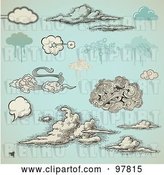Vector Clip Art of Retro Digital Collage of and Grungy Styled Clouds over Antique Blue by