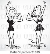 Vector Clip Art of Retro Digital Collage of Women in Bathing Suits, Waving by BestVector