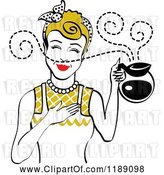 Vector Clip Art of Retro Dirty Blond Waitress or Housewife Smelling the Aroma of Fresh Hot Coffee in a Pot by Andy Nortnik