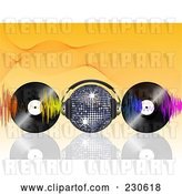 Vector Clip Art of Retro Disco Ball with Headphones, Waves and Vinyl Records on Orange by Elaineitalia