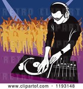 Vector Clip Art of Retro Dj Mixing a Record and Silhouetted Dancers by Dero