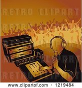 Vector Clip Art of Retro Dj Mixing a Record and Silhouetted Dancers in Orange Tones by Dero