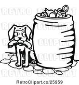 Vector Clip Art of Retro Dog with Sausage by a Trash Can by Prawny Vintage