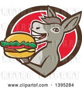 Vector Clip Art of Retro Donkey Holding a Cheeseburger and Emerging from a Brown White and Red Oval by Patrimonio