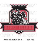 Vector Clip Art of Retro Dragon Slayer Knight, St George, with a Spear in a Shield with a Banner and Crown by Patrimonio