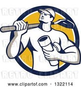 Vector Clip Art of Retro Drainlayer Guy Carrying a Shovel and Pipe in a Blue White and Yellow Circle by Patrimonio