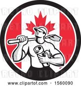 Vector Clip Art of Retro Drainlayer Guy Carrying a Shovel and Pipe in a Canadian Flag Circle by Patrimonio