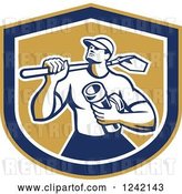 Vector Clip Art of Retro Drainlayer Guy Carrying a Shovel and Pipe in a Shield by Patrimonio