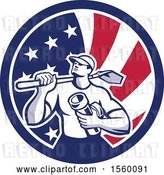 Vector Clip Art of Retro Drainlayer Guy Carrying a Shovel and Pipe in an American Flag Circle by Patrimonio