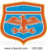 Vector Clip Art of Retro Eagle Flying with a Spanner Wrench in a Blue Red Orange and White Shield by Patrimonio