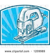Vector Clip Art of Retro Electric Jigsaw Tool over Blue Rays by Patrimonio