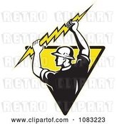 Vector Clip Art of Retro Electrician Holding up a Bolt on a Yellow Triangle by Patrimonio