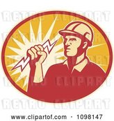 Vector Clip Art of Retro Electrician Lineman Holding a Lightning Bolt in an Oval by Patrimonio