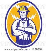Vector Clip Art of Retro Electrician or Construction Worker with Folded Arms over an Oval of Bolts by Patrimonio