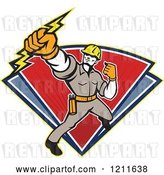 Vector Clip Art of Retro Electrician or Lineman Holding a Bolt over Red and Blue Triangles by Patrimonio