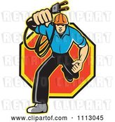 Vector Clip Art of Retro Electrician Running with a Plug over an Octogon by Patrimonio