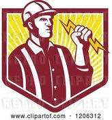 Vector Clip Art of Retro Electrician Worker Guy Holding a Bolt over a Ray Crest Shield by Patrimonio