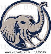 Vector Clip Art of Retro Elephant in a Blue White and Tan Circle by Patrimonio