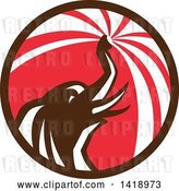 Vector Clip Art of Retro Elephant Spraying Water from His Trunk in a Brown Red and White Circle by Patrimonio