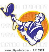 Vector Clip Art of Retro Engineer Holding an Ultrasound Sonar Satellite Dish over a Circle of Rays by Patrimonio