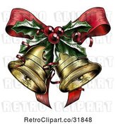Vector Clip Art of Retro Engraved Christmas Bells with Holly and a Bow by AtStockIllustration