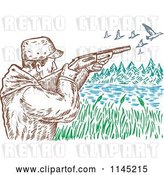 Vector Clip Art of Retro Engraved Hunter Aiming at Ducks over a Lake by Patrimonio