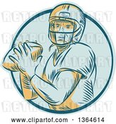Vector Clip Art of Retro Engraved Male Quarterback American Football Player Throwing in a Blue Circle by Patrimonio