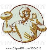 Vector Clip Art of Retro Engraved Male Quarterback American Football Player Throwing in a Circle by Patrimonio