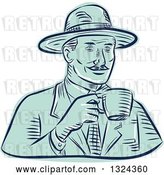 Vector Clip Art of Retro Engraved or Sketched Guy in a Fedora Hat, Drinking Coffee by Patrimonio