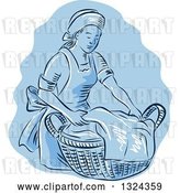 Vector Clip Art of Retro Engraved or Sketched Maid Carrying a Basket of Laundry over Blue by Patrimonio