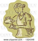 Vector Clip Art of Retro Engraved or Sketched Waitress Pouring Tea into a Cup, over Green by Patrimonio