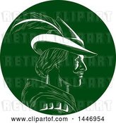 Vector Clip Art of Retro Engraved or Woodcut Styled Profiled Bust Portrait of Robin Hood in a Plumed Hat, in Green and White by Patrimonio