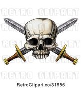 Vector Clip Art of Retro Engraved Pirate Skull over Crossed Swords by AtStockIllustration