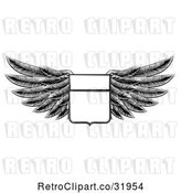 Vector Clip Art of Retro Engraved Woodcut Winged Shield Insignia by AtStockIllustration