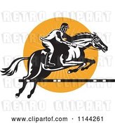 Vector Clip Art of Retro Equestrian on a Leaping Horse over an Orange Circle 1 by Patrimonio