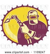 Vector Clip Art of Retro Fabricator Holding a Welding Torch in a Yellow Oval by Patrimonio